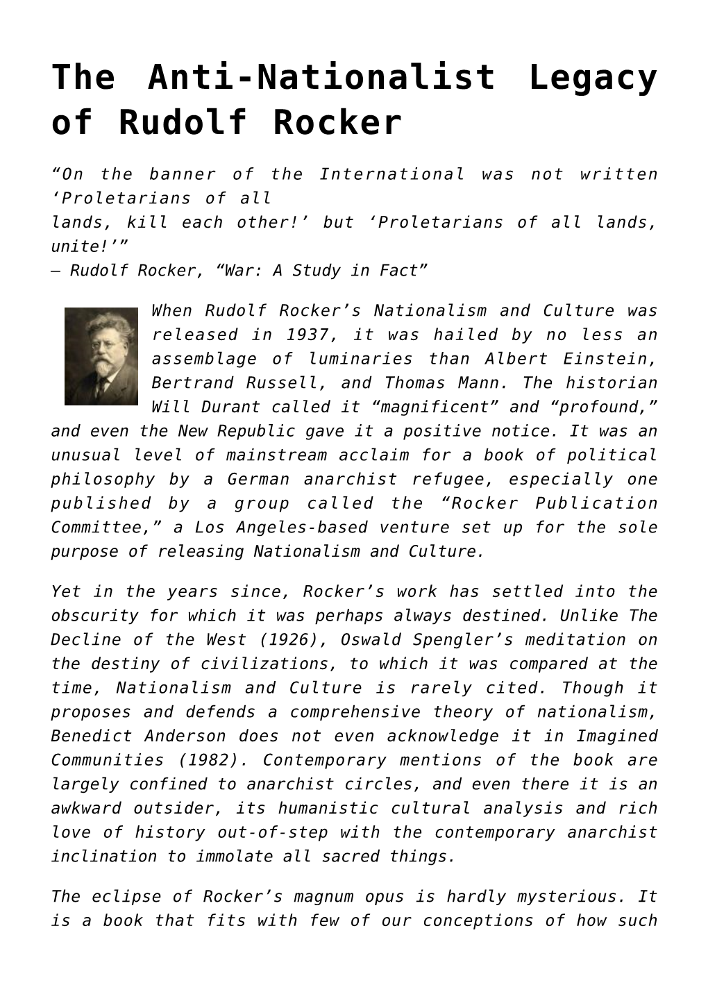 The Anti-Nationalist Legacy of Rudolf Rocker