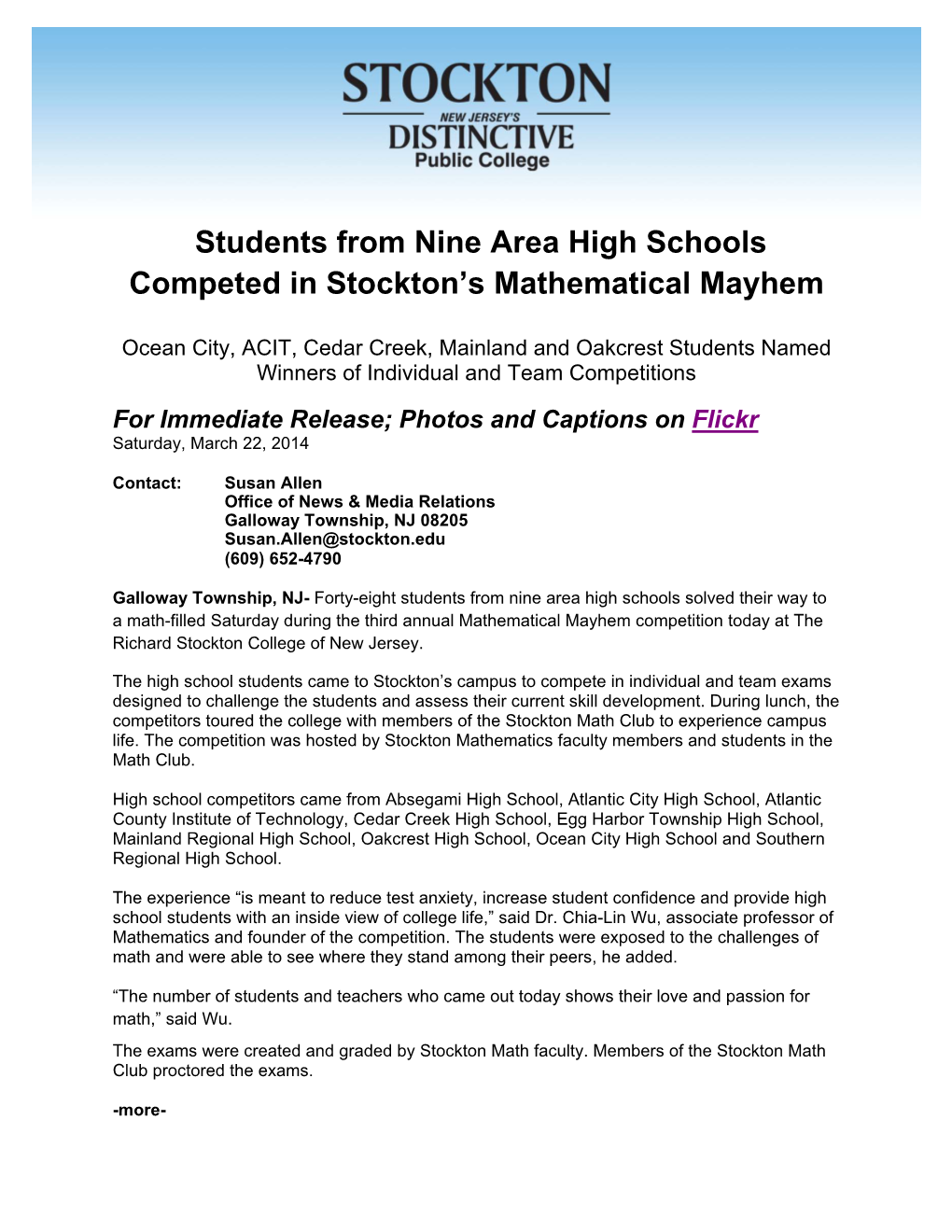 Students from Nine Area High Schools Competed in Stockton's