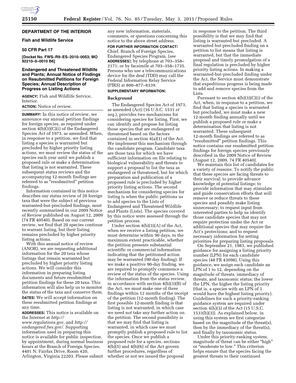 Federal Register/Vol. 76, No. 85/Tuesday, May 3, 2011/Proposed