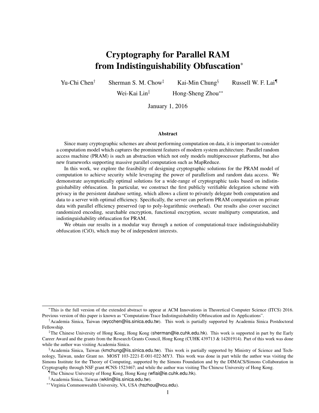 Cryptography for Parallel RAM from Indistinguishability Obfuscation∗