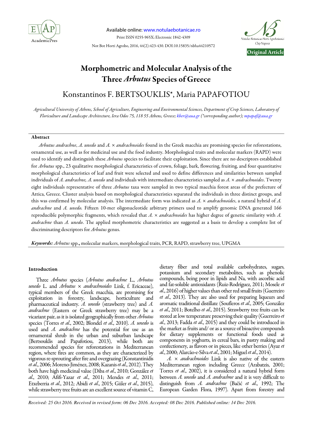 Morphometric and Molecular Analysis of the Three Arbutus Species of Greece Konstantinos F