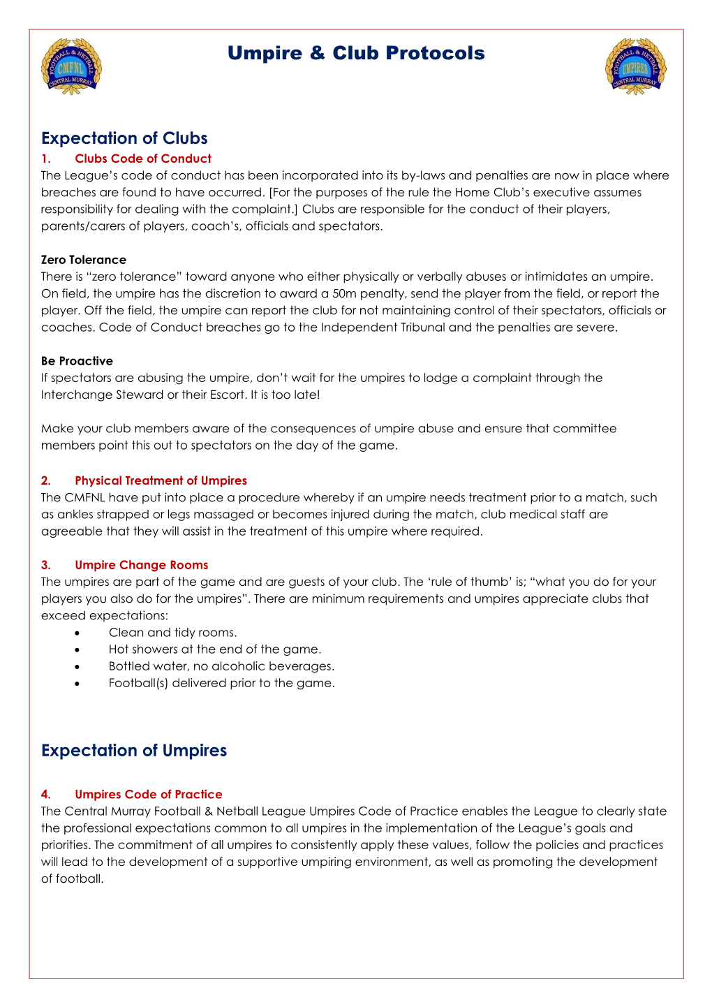 Umpire & Club Protocols