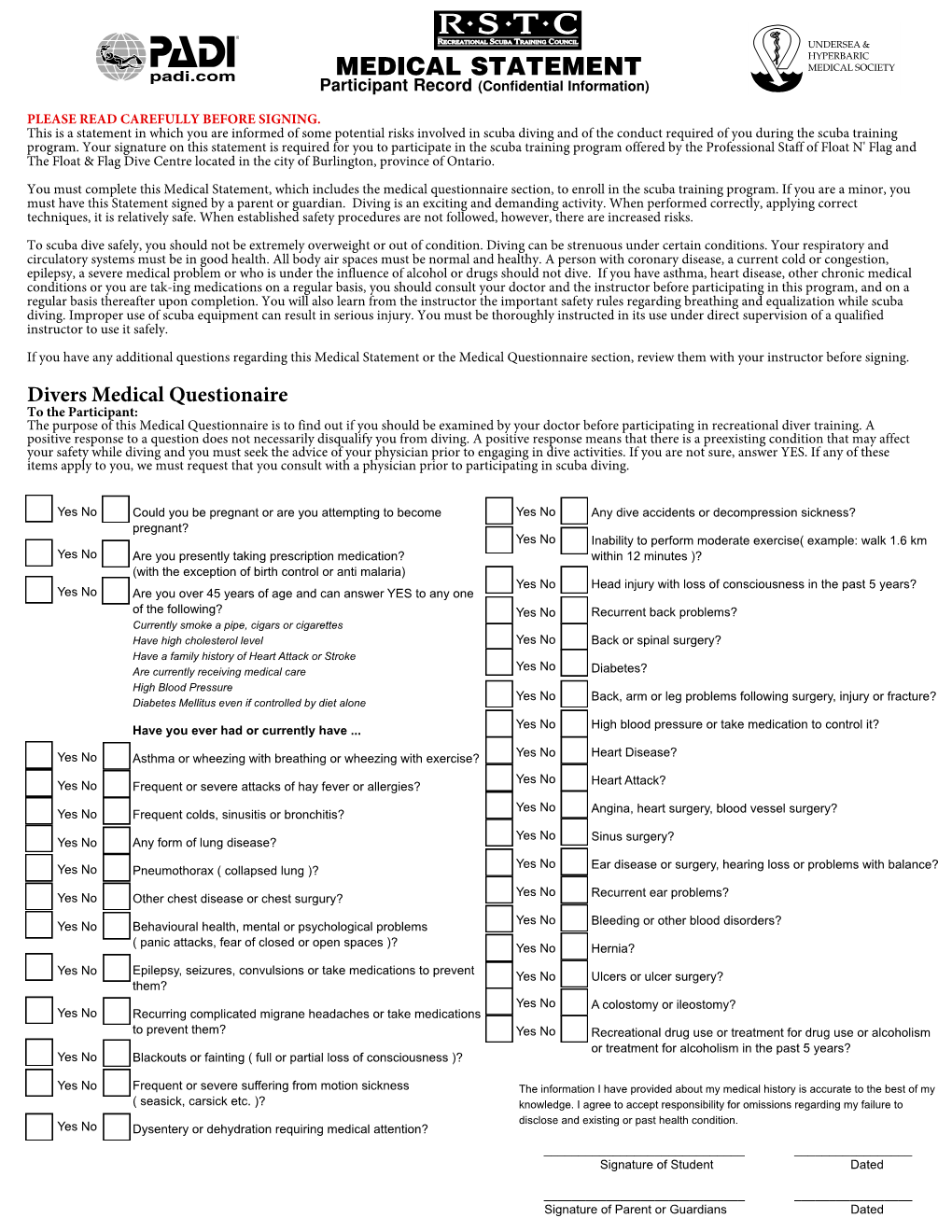 MEDICAL STATEMENT Participant Record (Confidential Information)