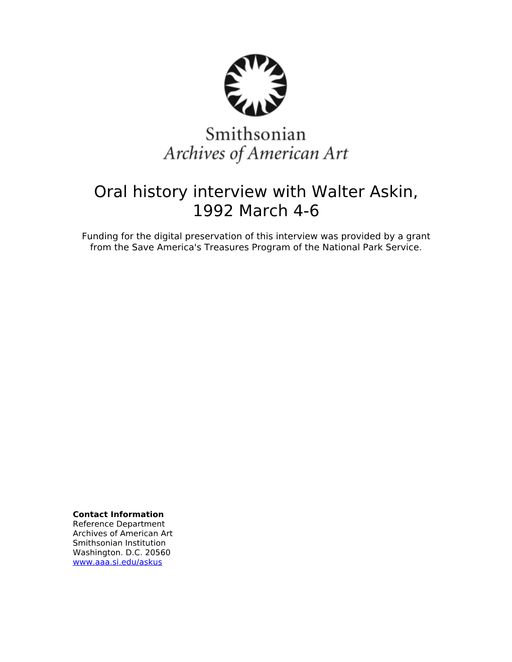 Oral History Interview with Walter Askin, 1992 March 4-6