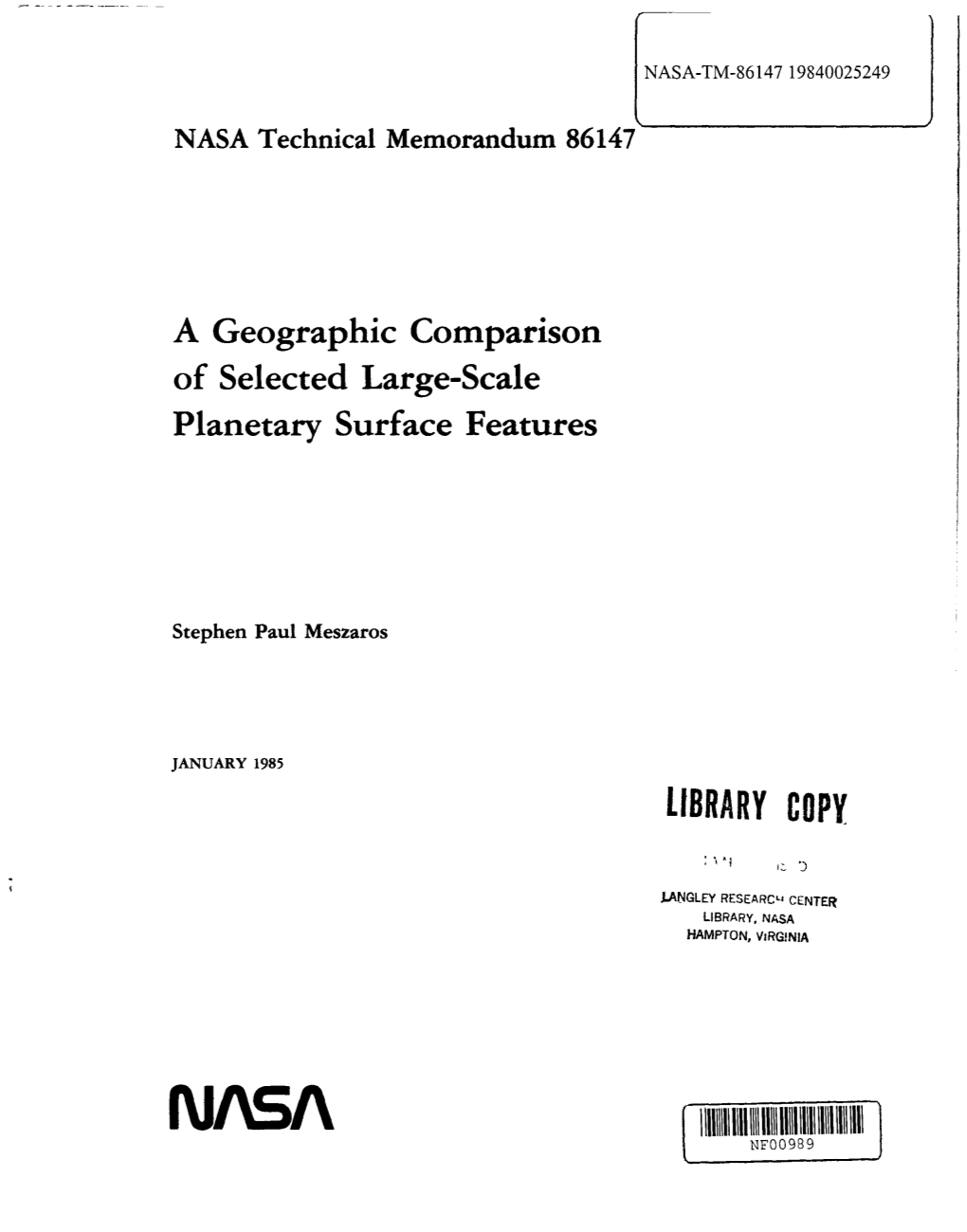 NI\S/\ 1111111111111 IIII 11111 11111 I1I1I I1II1 I1II 1111 NF00989 NASA Technical Memorandum 86147