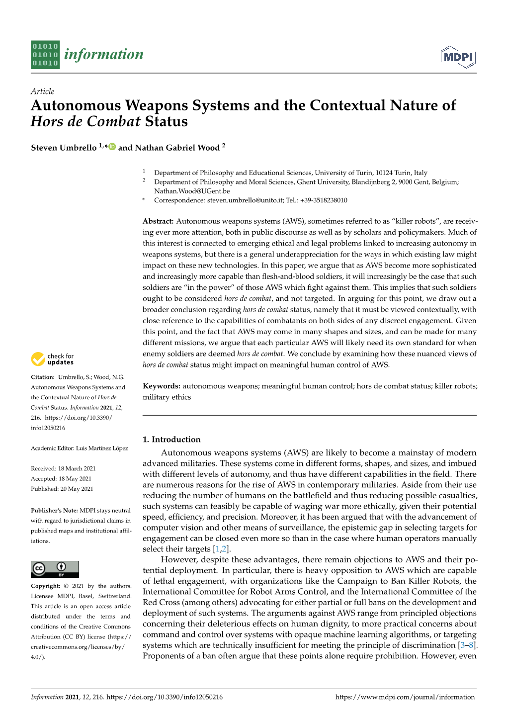 Autonomous Weapons Systems and the Contextual Nature of Hors De Combat Status