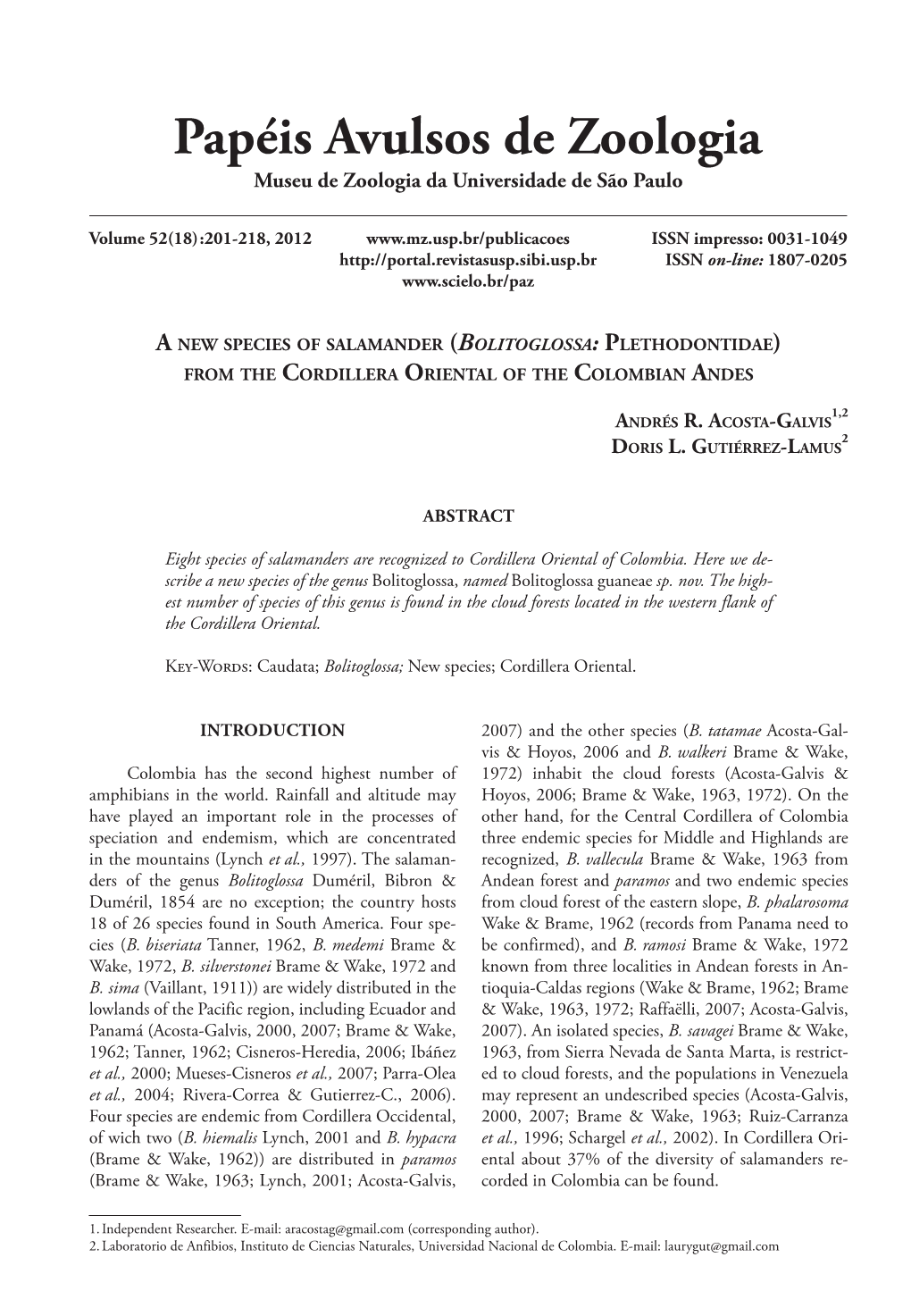 A New Species of Salamander (Bolitoglossa: Plethodontidae) from the Cordillera Oriental of the Colombian Andes