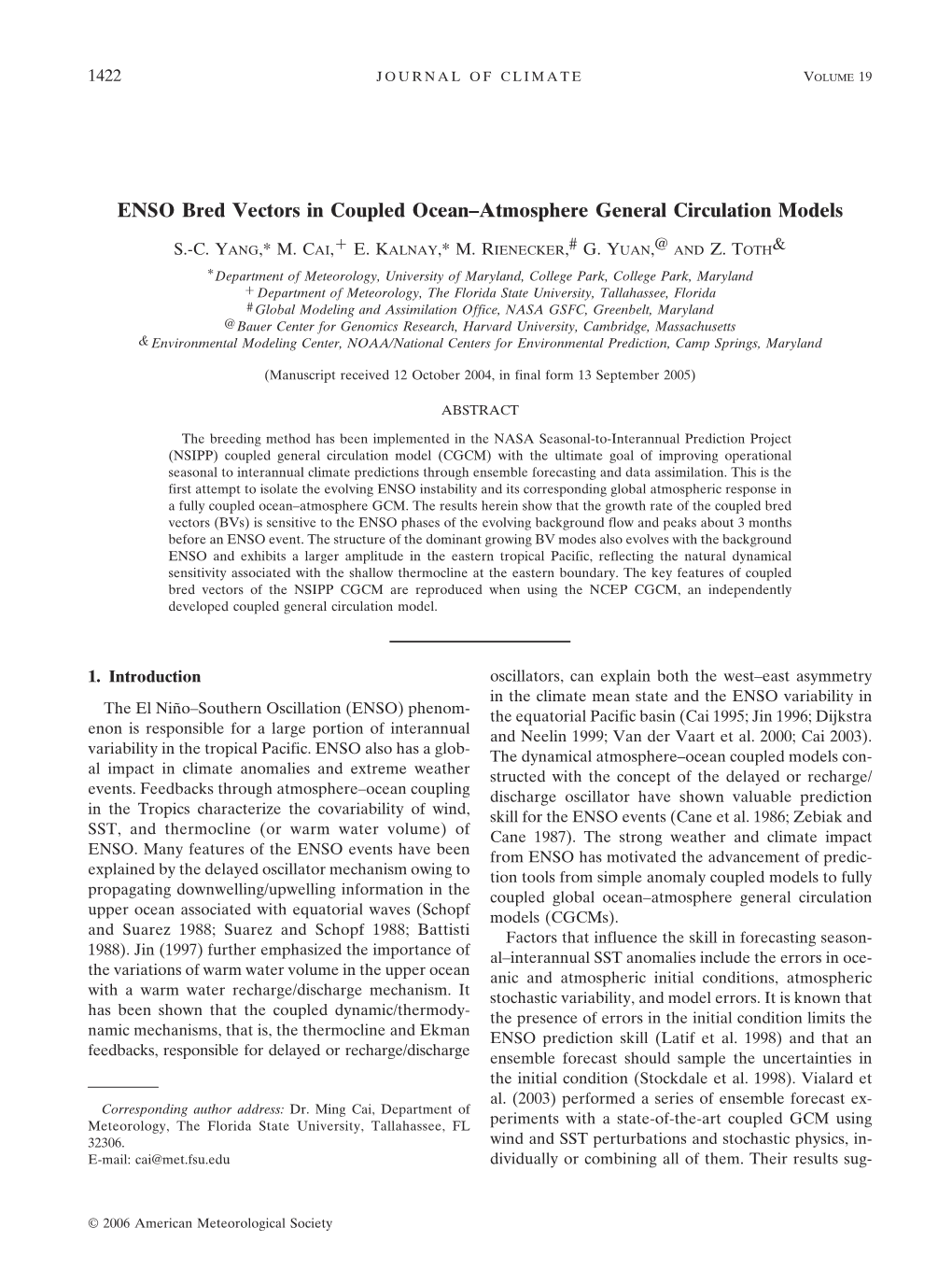 ENSO Bred Vectors in Coupled Ocean–Atmosphere General Circulation Models Ϩ S.-C