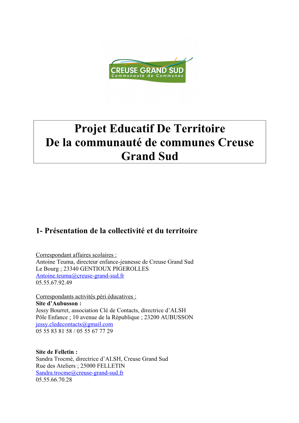 Projet Educatif De Territoire De La Communauté De Communes Creuse Grand Sud