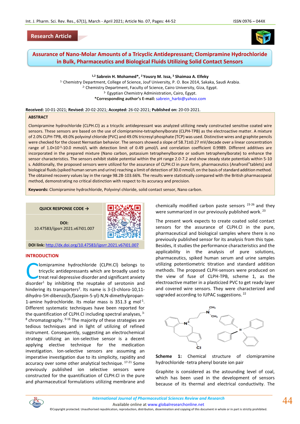 Assurance of Nano-Molar Amounts of a Tricyclic Antidepressant; Clomipramine Hydrochloride in Bulk, Pharmaceutics and Biological Fluids Utilizing Solid Contact Sensors