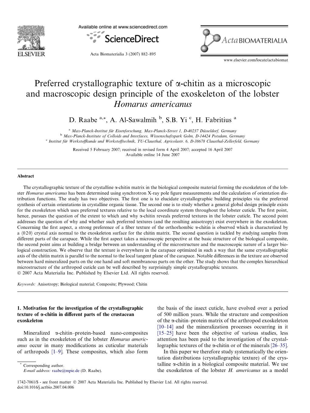 Preferred Crystallographic Texture of A-Chitin As a Microscopic and Macroscopic Design Principle of the Exoskeleton of the Lobster Homarus Americanus