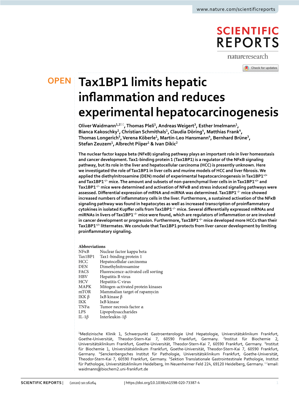 Tax1bp1 Limits Hepatic Inflammation and Reduces Experimental