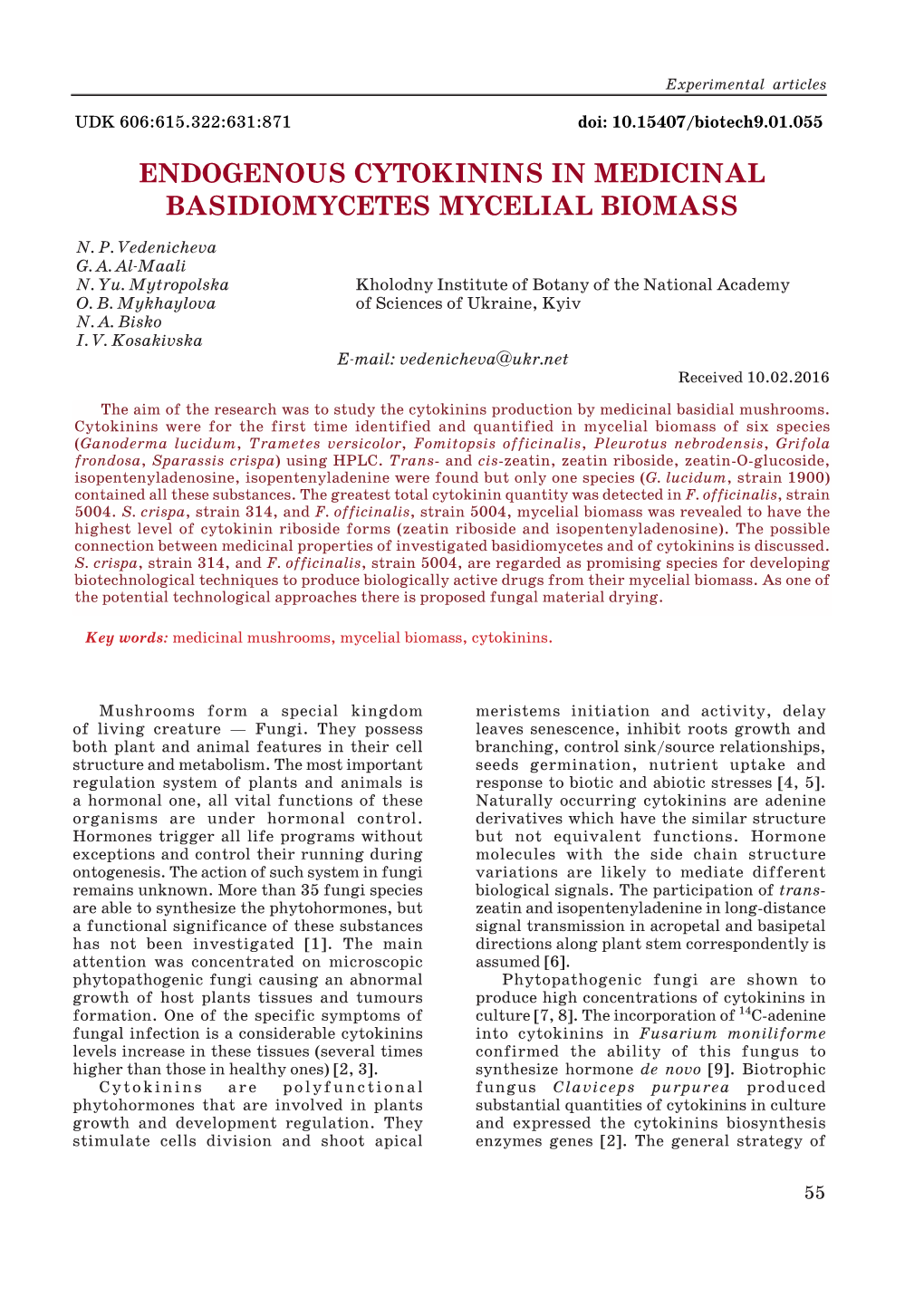 Endogenous Cytokinins in Medicinal Basidiomycetes Mycelial Biomass