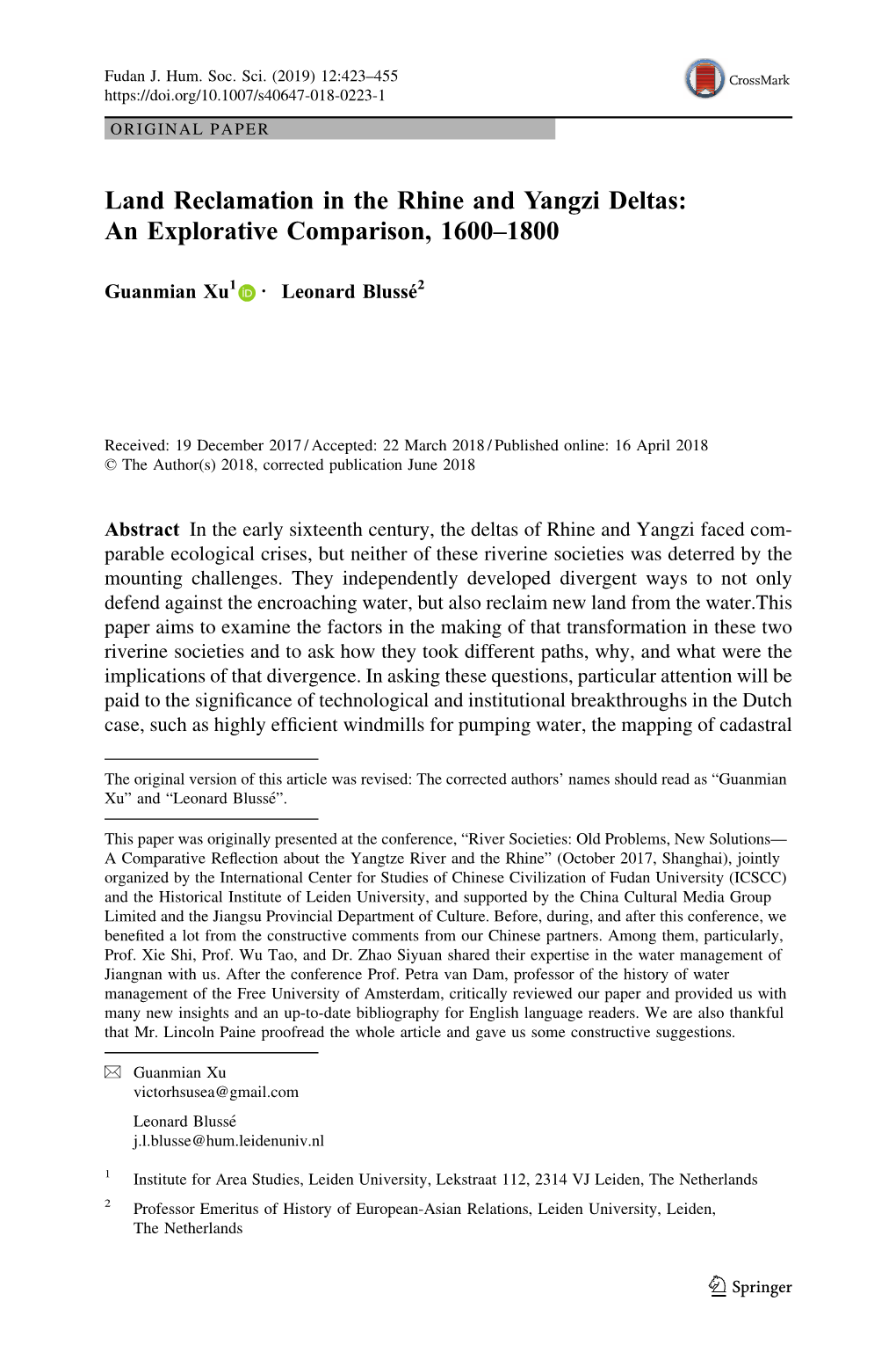 Land Reclamation in the Rhine and Yangzi Deltas: an Explorative Comparison, 1600–1800