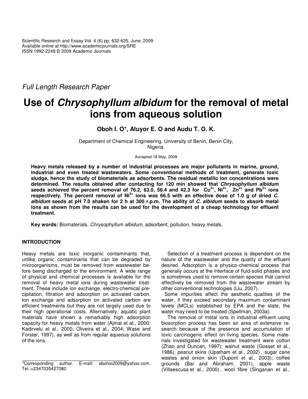 Use of Chrysophyllum Albidum for the Removal of Metal Ions from Aqueous Solution