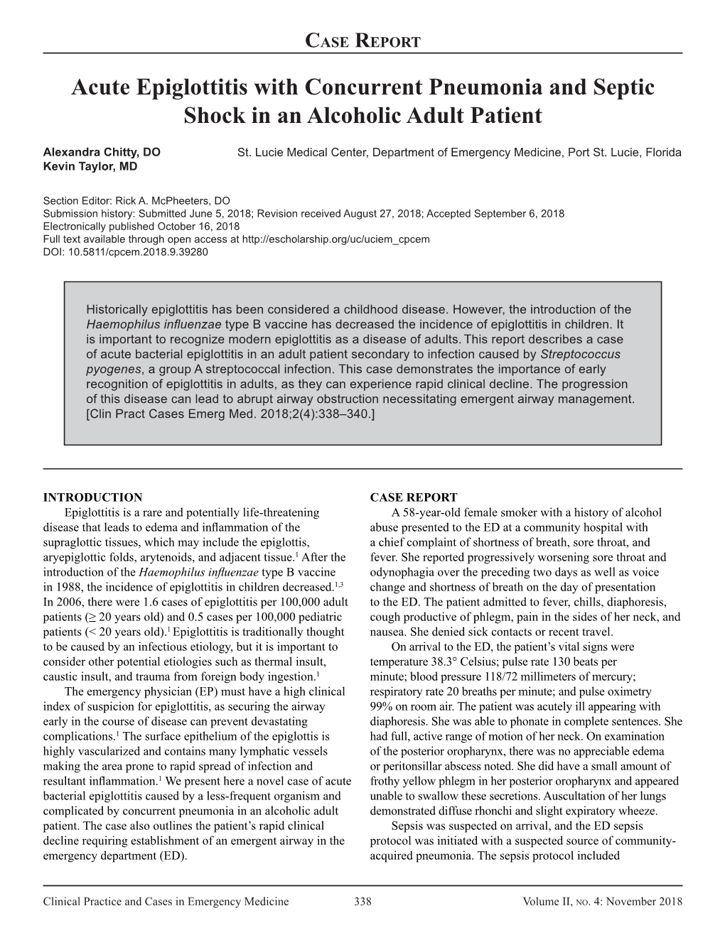 Acute Epiglottitis with Concurrent Pneumonia and Septic Shock in an Alcoholic Adult Patient