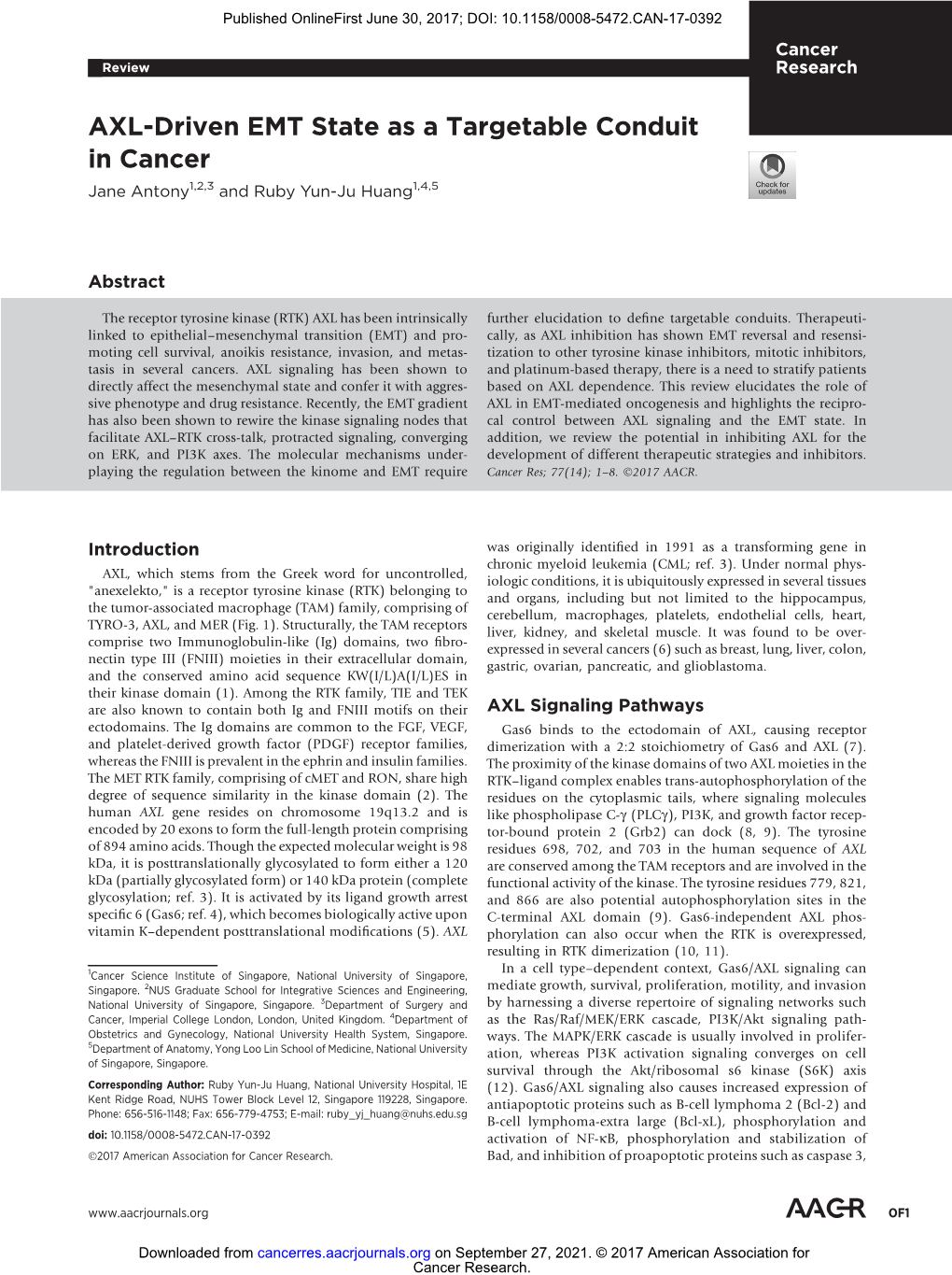 AXL-Driven EMT State As a Targetable Conduit in Cancer Jane Antony1,2,3 and Ruby Yun-Ju Huang1,4,5