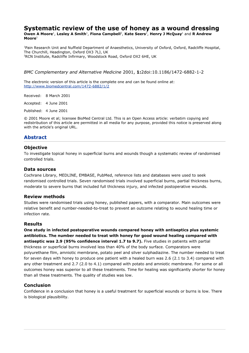 Systematic Review of the Use of Honey As a Wound Dressing