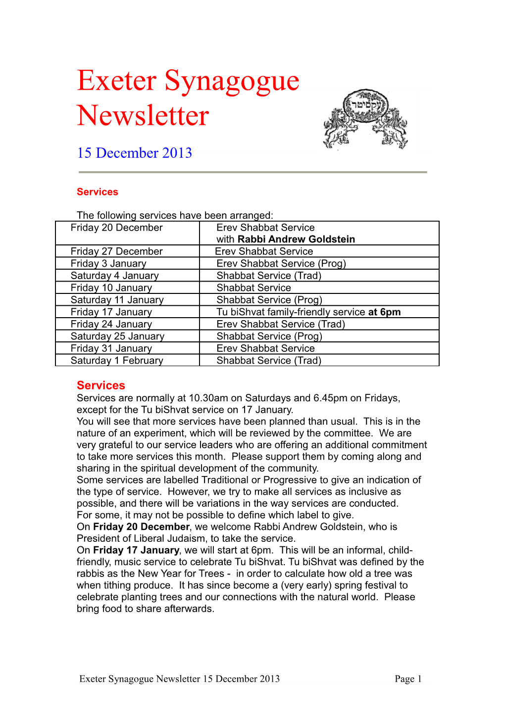 Exeter Synagogue Newsletter 15 December 2013