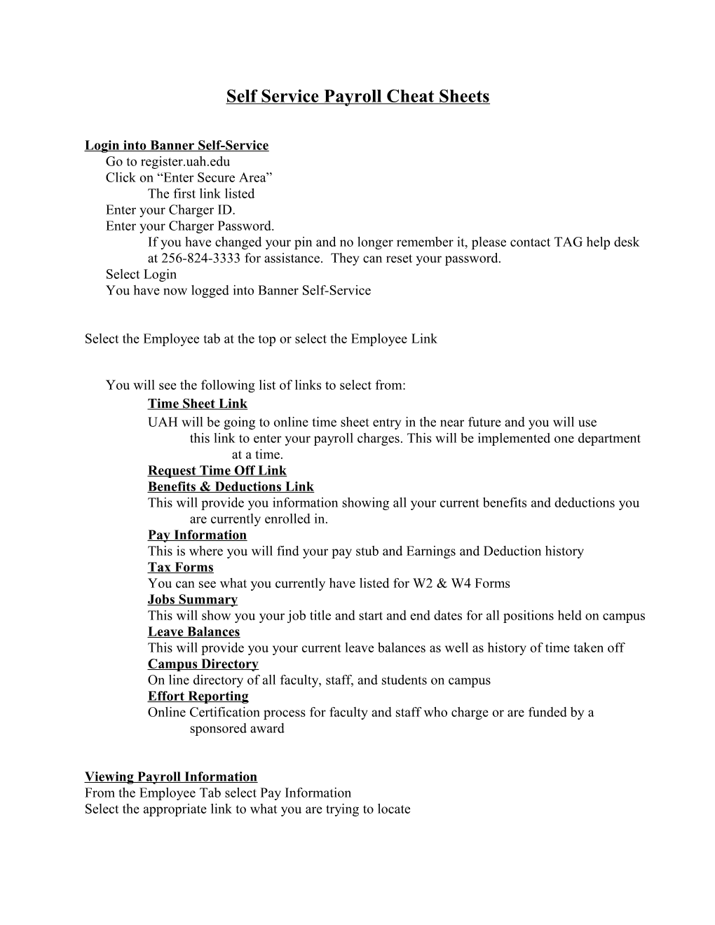 Self Service Payroll Cheat Sheets