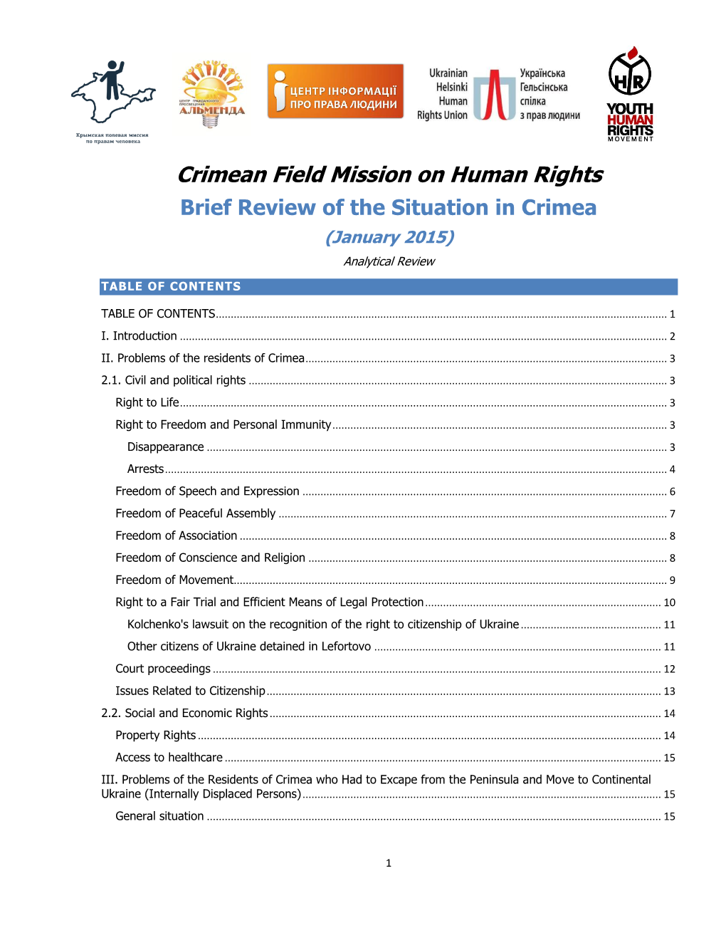 Crimean Field Mission on Human Rights Brief Review of the Situation in Crimea