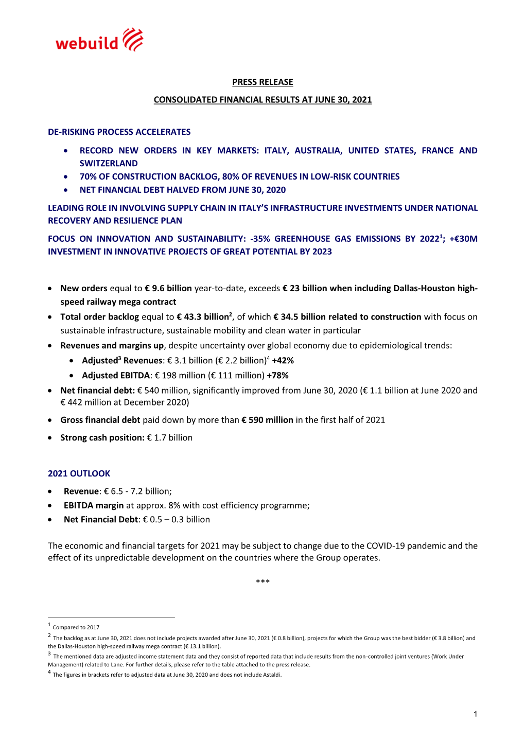 Press Release Consolidated Financial Results at June 30, 2021 De-Risking Process Accelerates • Record New Orders in Key Market