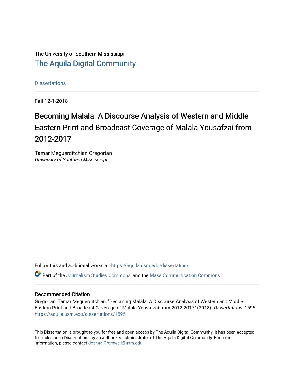 Becoming Malala: a Discourse Analysis of Western and Middle Eastern Print and Broadcast Coverage of Malala Yousafzai from 2012-2017