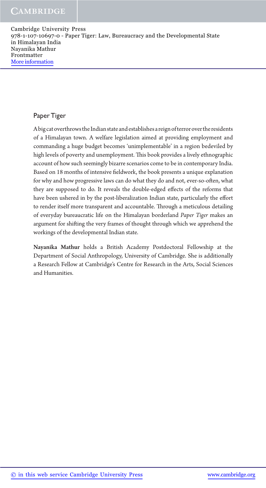 Paper Tiger: Law, Bureaucracy and the Developmental State in Himalayan India Nayanika Mathur Frontmatter More Information