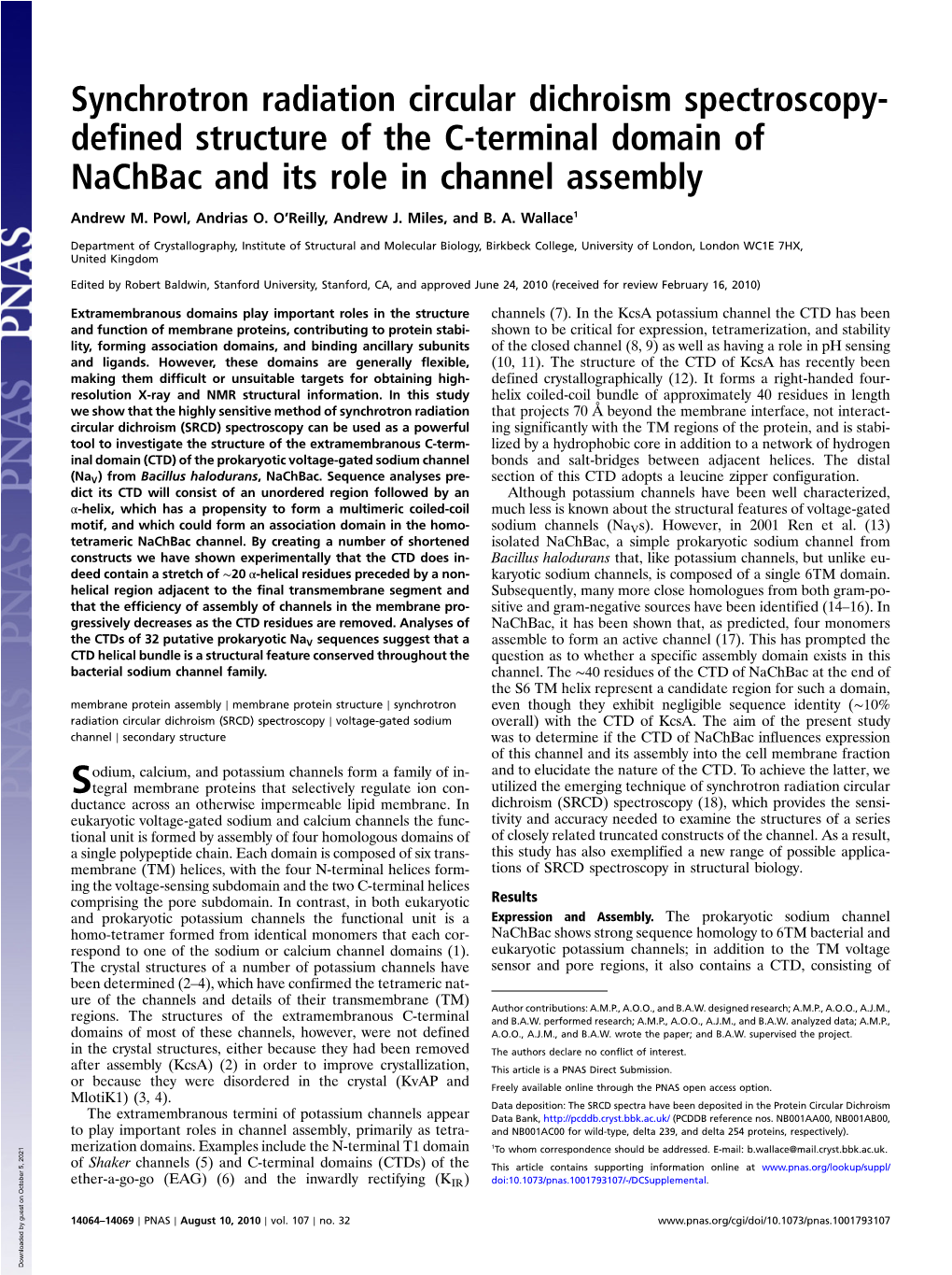 Synchrotron Radiation Circular Dichroism Spectroscopy- Defined Structure of the C-Terminal Domain of Nachbac and Its Role in Channel Assembly