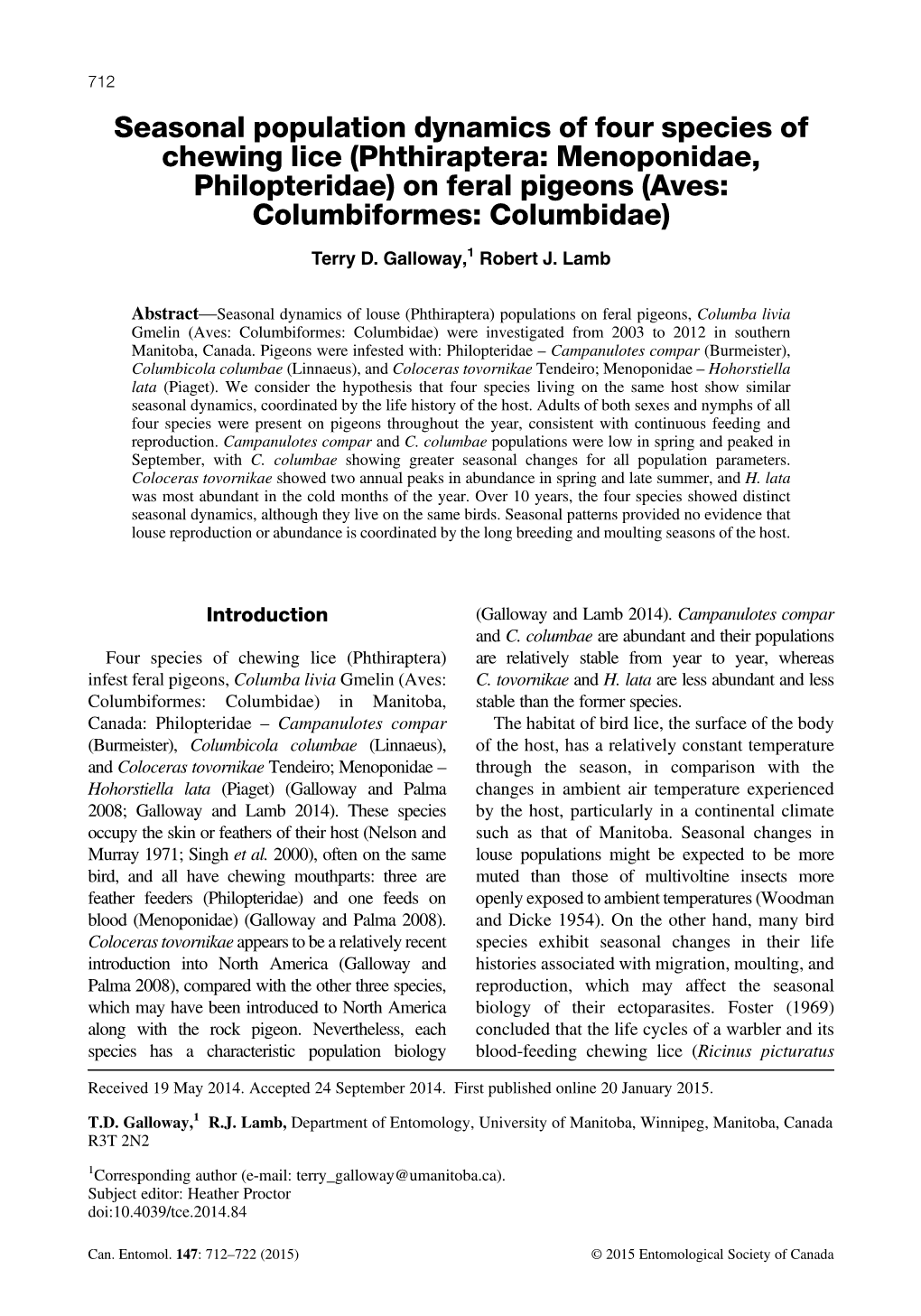 (Phthiraptera: Menoponidae, Philopteridae) on Feral Pigeons (Aves: Columbiformes: Columbidae) Terry D