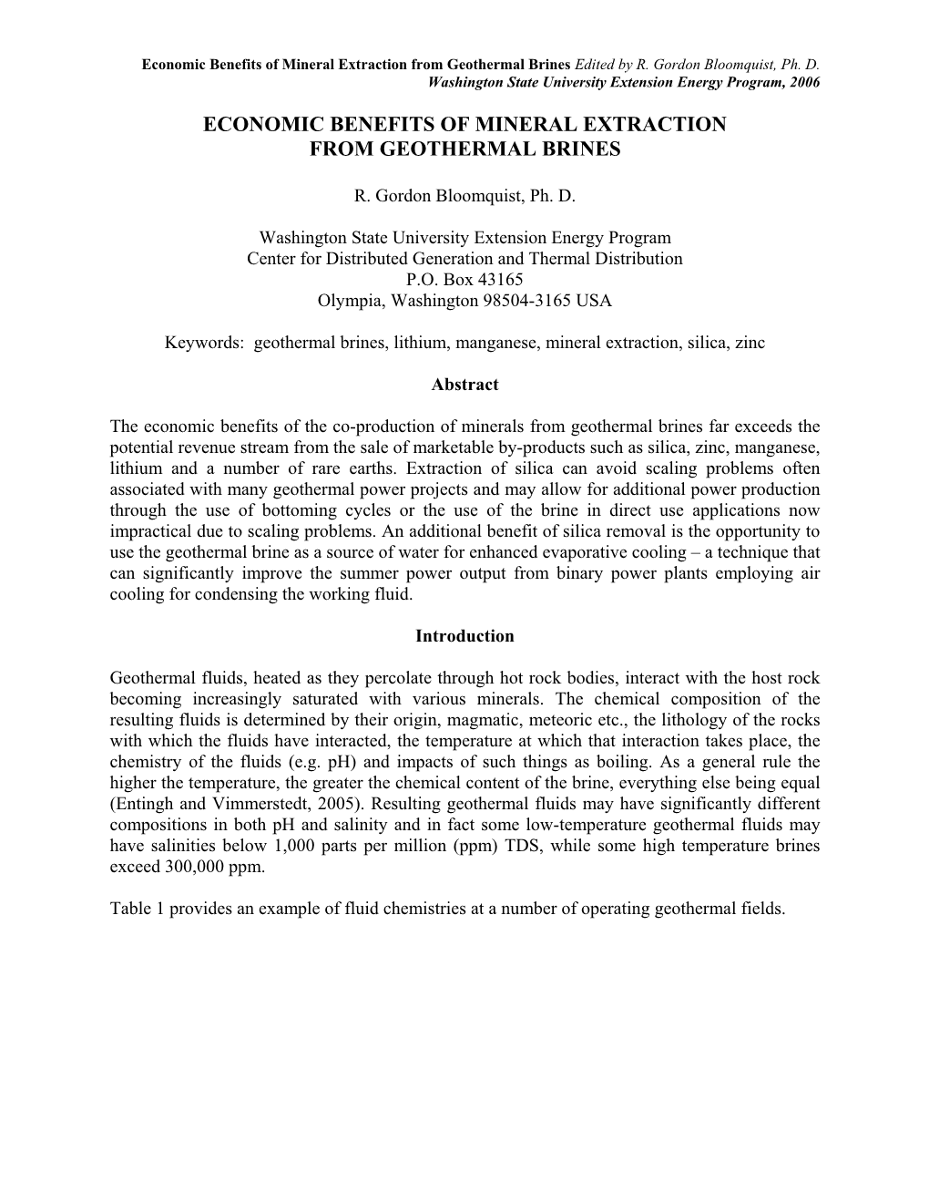 Economic Benefits of Mineral Extraction from Geothermal Brines Edited by R