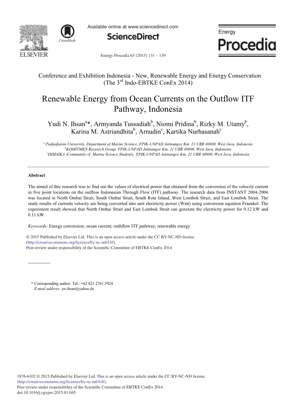 Renewable Energy from Ocean Currents on the Outflow ITF Pathway, Indonesia