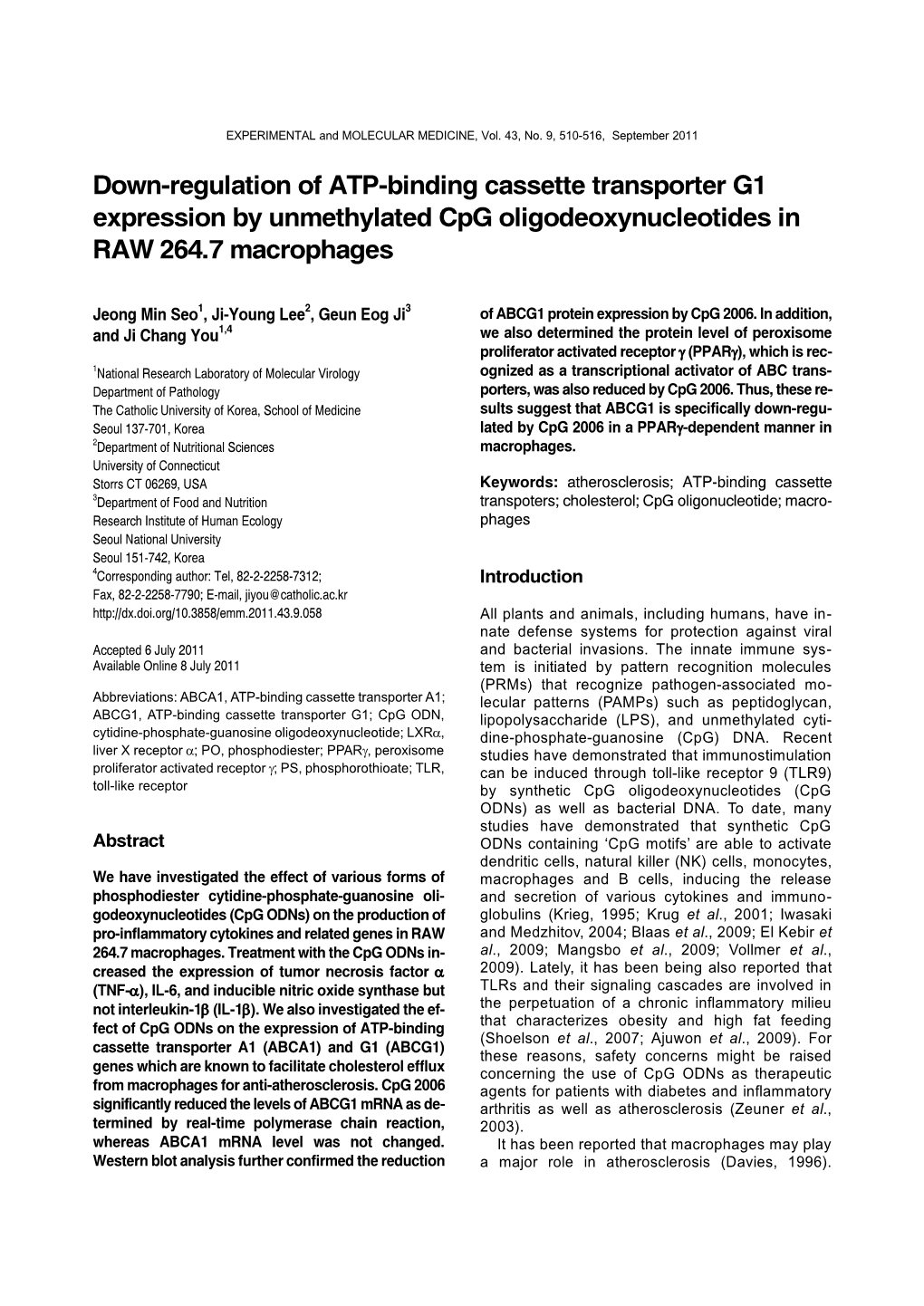 Down-Regulation of ATP-Binding Cassette Transporter G1 Expression by Unmethylated Cpg Oligodeoxynucleotides in RAW 264.7 Macrophages