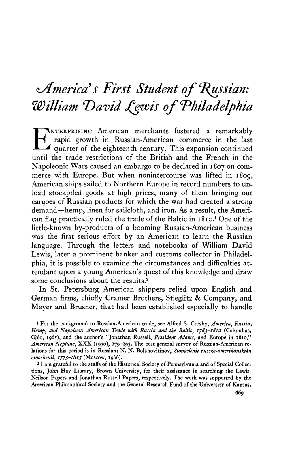 ^America S First Student of T(Ussian: William T&gt;Avid Jfywis Of'philadelphia