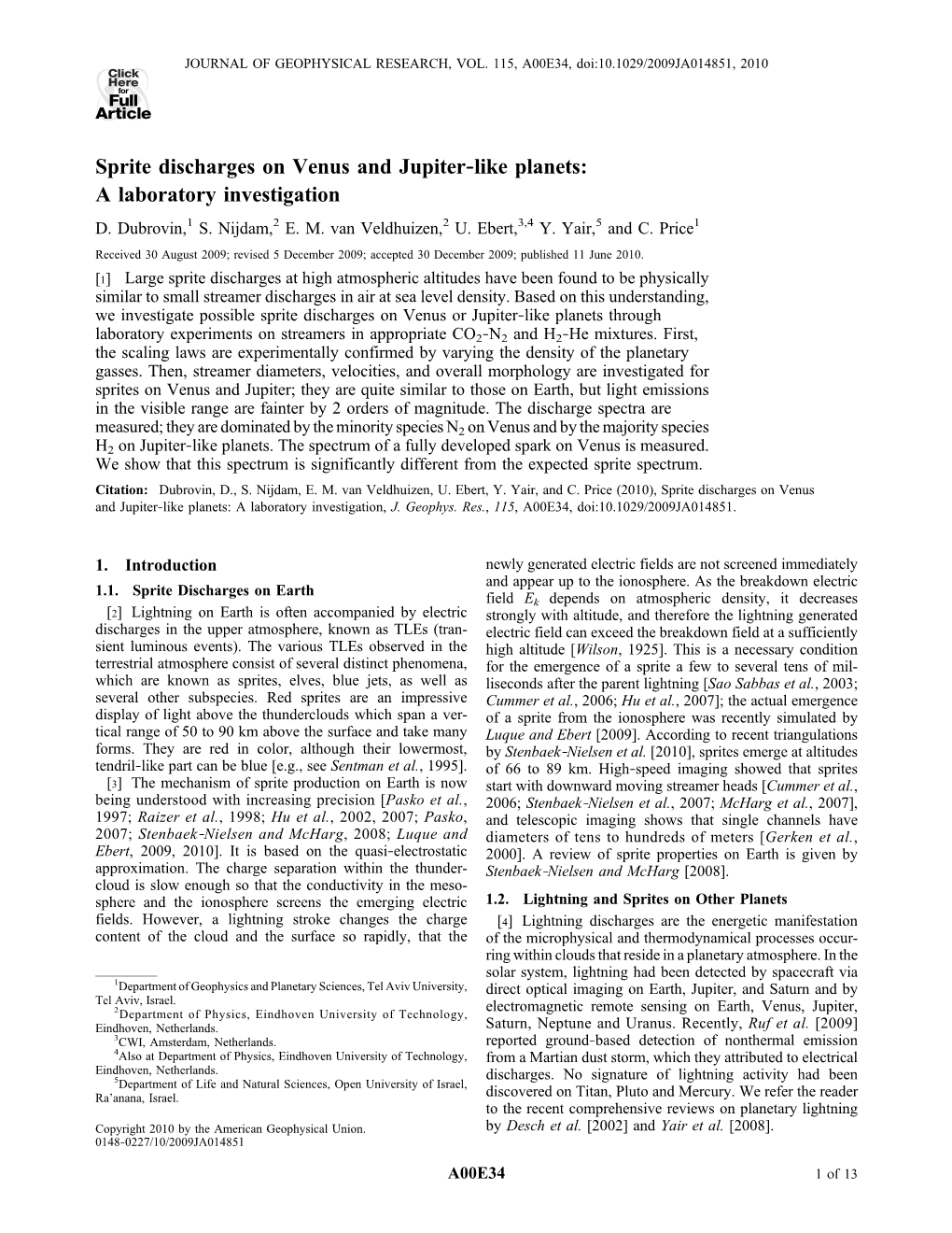 Sprite Discharges on Venus and Jupiter‐Like Planets: a Laboratory Investigation D