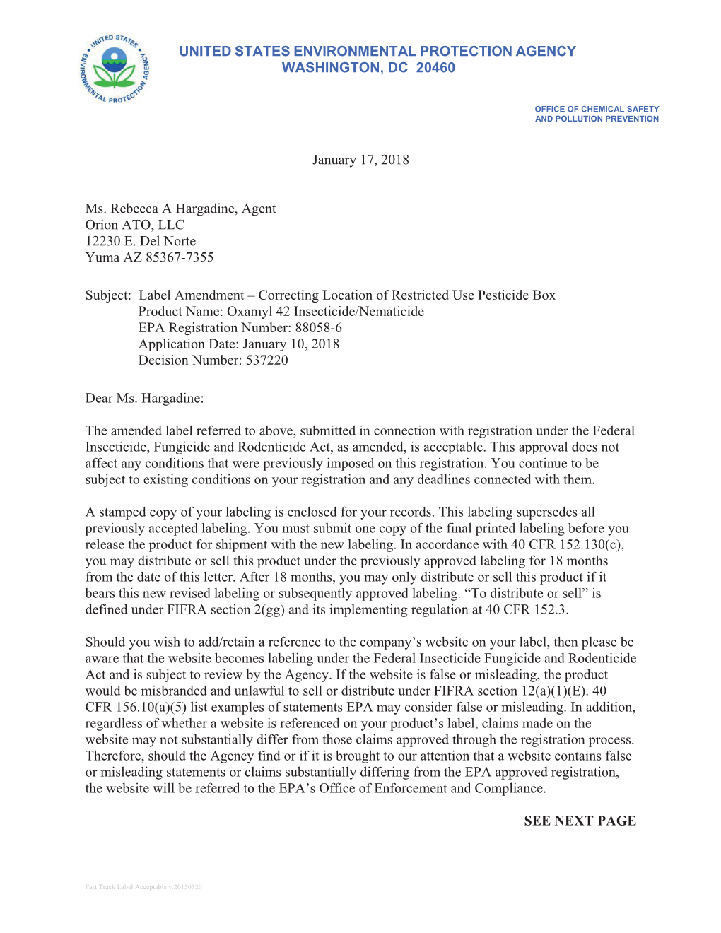 US EPA, Pesticide Product Label, OXAMYL 42 INSECTICIDE/NEMATICIDE,01/17/2018