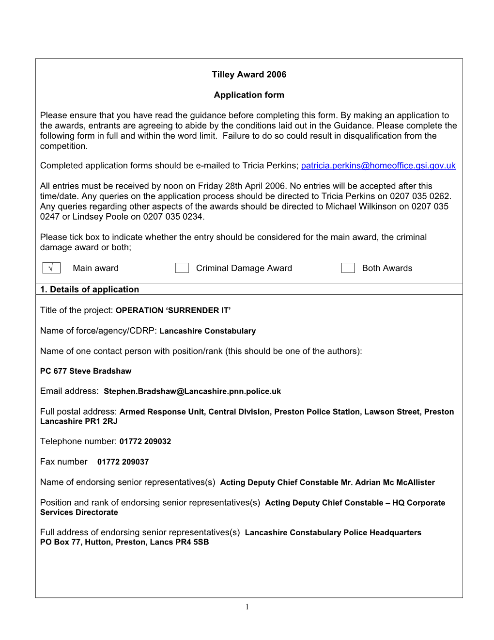 Tilley Award 2006 Application Form Please Ensure That You Have Read the Guidance Before Completing This Form. by Making an Appli