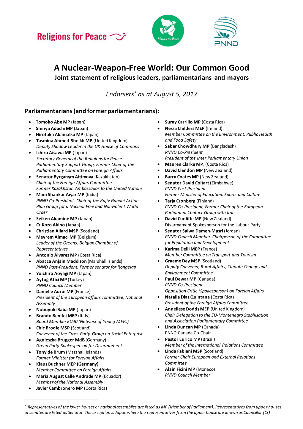 A Nuclear-Weapon-Free World: Our Common Good Joint Statement of Religious Leaders, Parliamentarians and Mayors