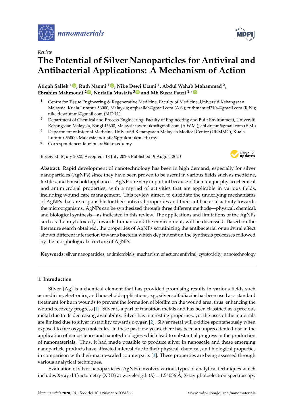 The Potential of Silver Nanoparticles for Antiviral and Antibacterial Applications: a Mechanism of Action