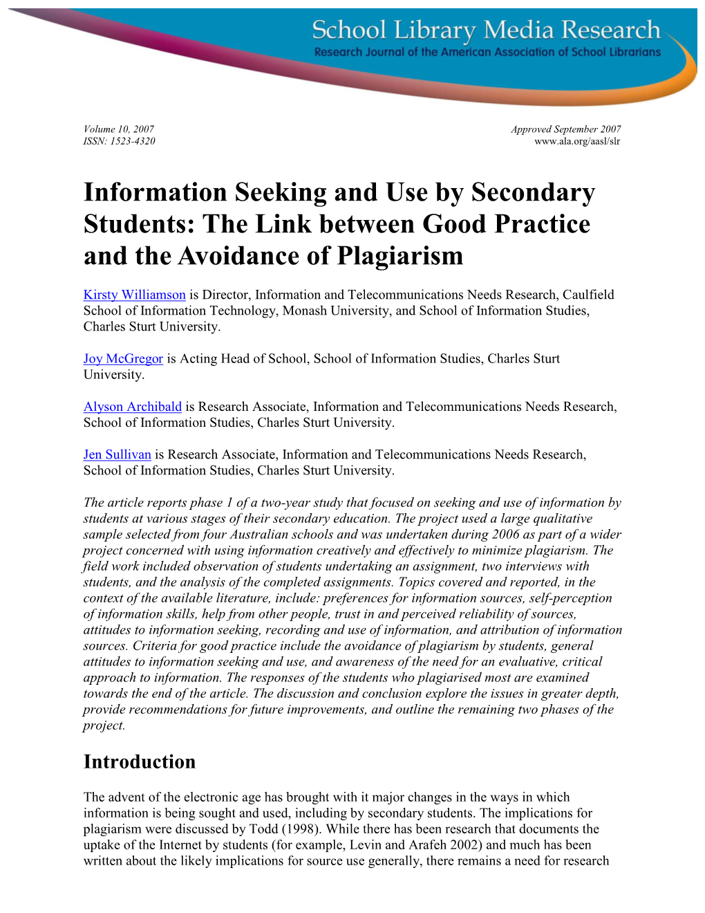 Information Seeking and Use by Secondary Students: the Link Between Good Practice and the Avoidance of Plagiarism