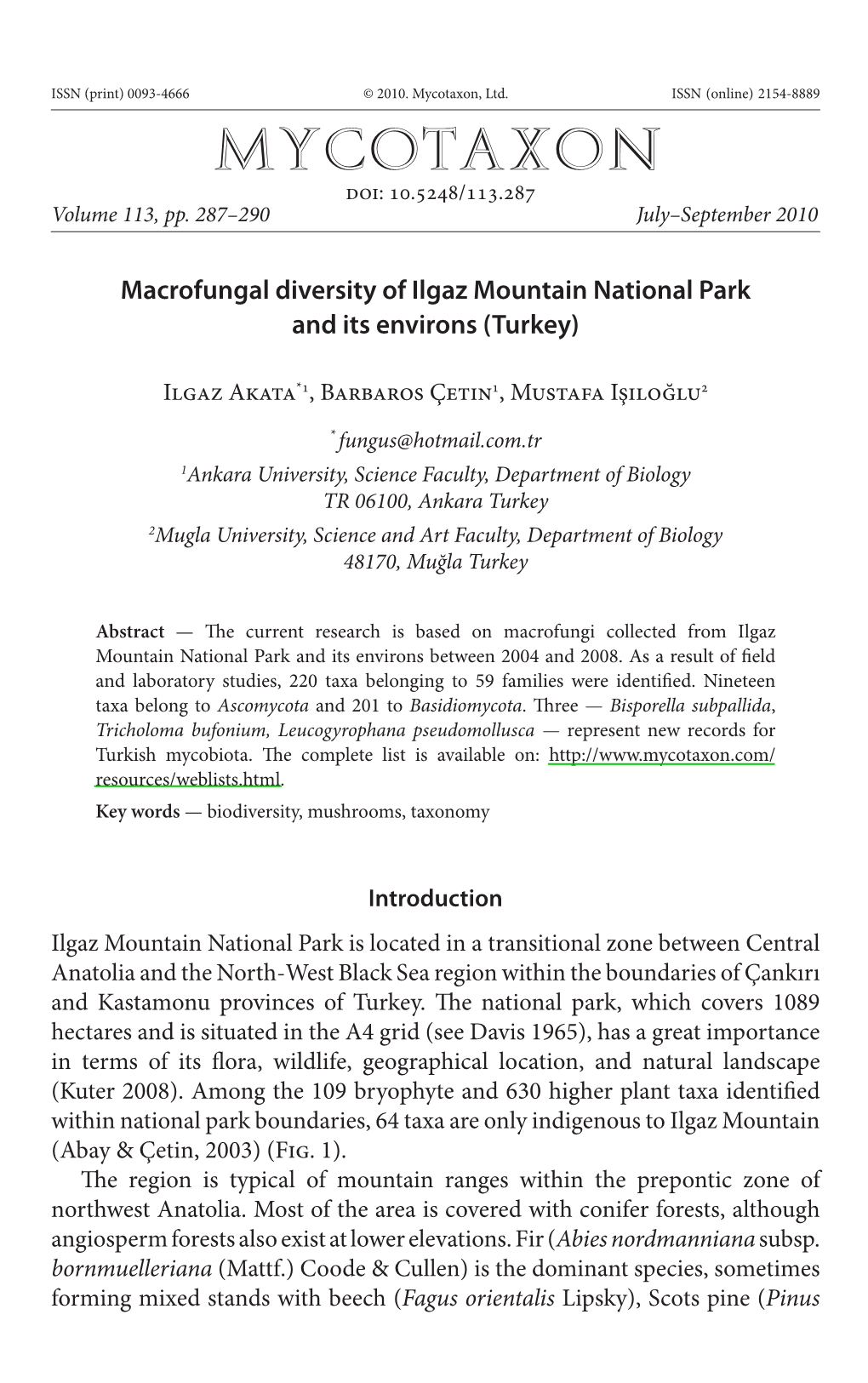 Macrofungal Diversity of Ilgaz Mountain National Park and Its Environs (Turkey)