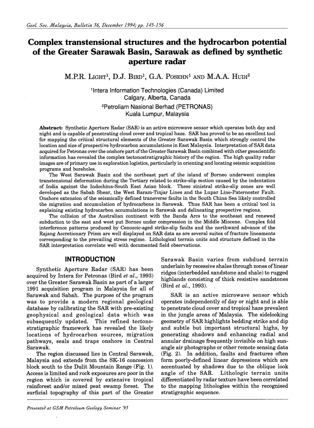 Complex Transtensional Structures and the Hydrocarbon Potential of the Greater Sarawak Basin, Sarawak As Defined by Synthetic Aperture Rada-R