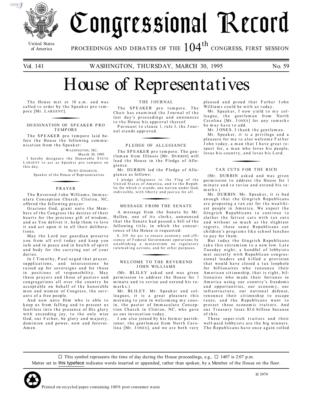 Congressional Record United States Th of America PROCEEDINGS and DEBATES of the 104 CONGRESS, FIRST SESSION