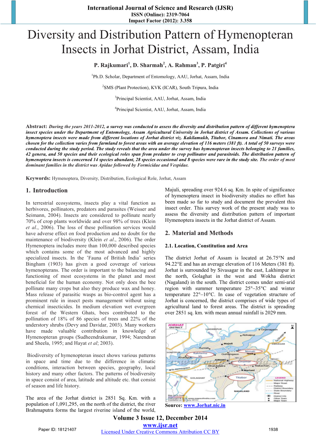 Diversity and Distribution Pattern of Hymenoptera Insects in Jorhat