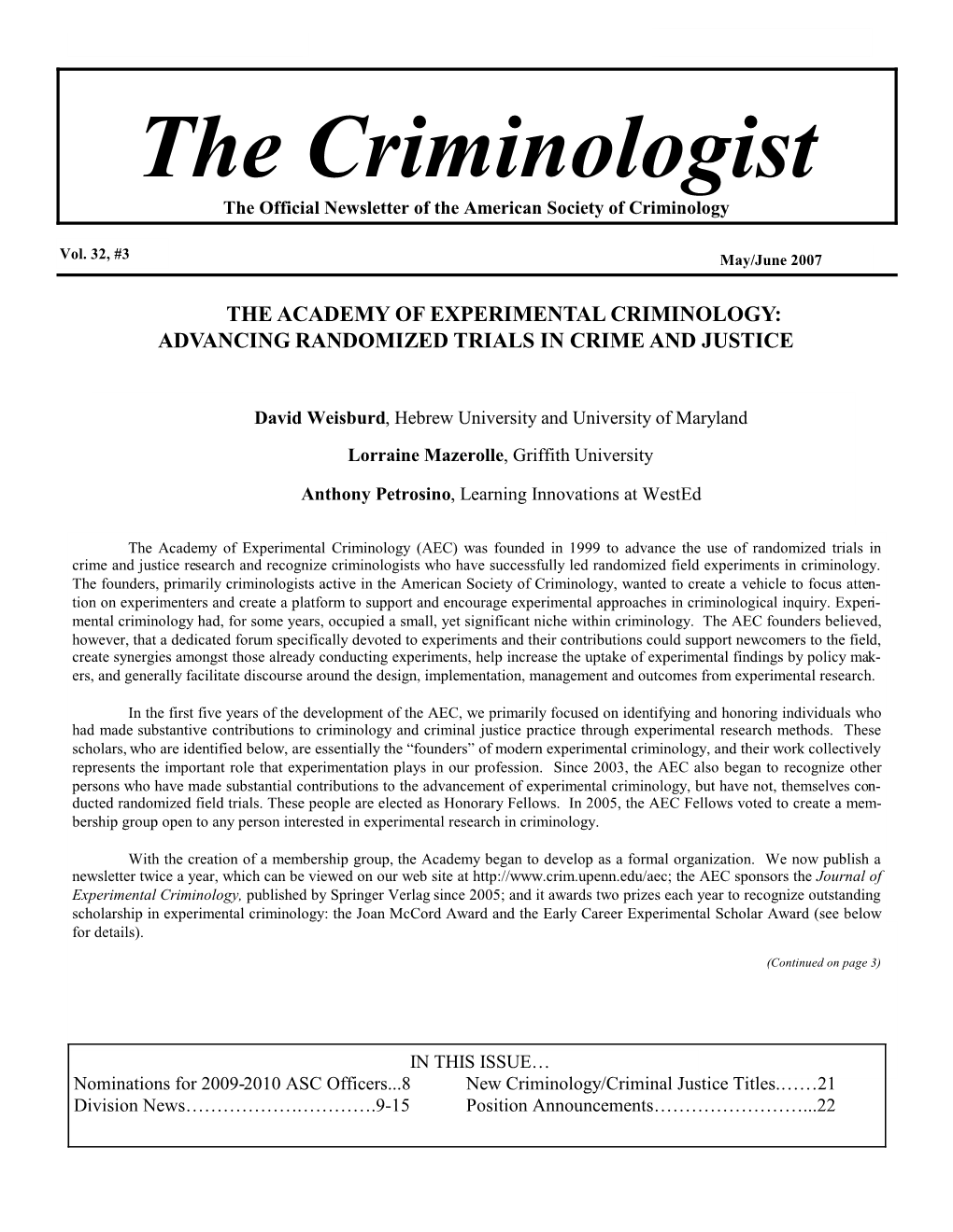 The Criminologist Page 1 the Criminologist the Official Newsletter of the American Society of Criminology