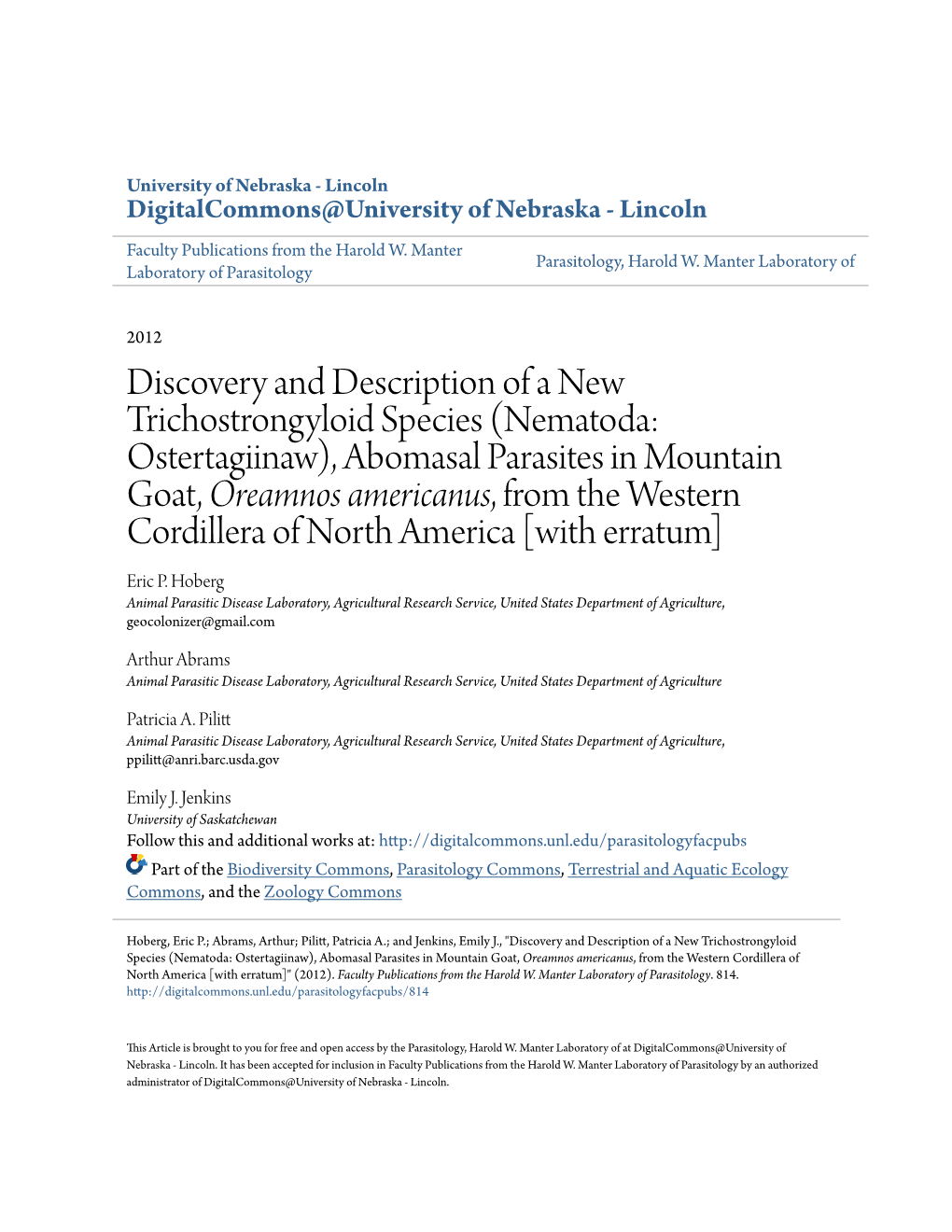 Abomasal Parasites in Mountain Goat, Oreamnos Americanus, from the Western Cordillera of North America [With Erratum] Eric P