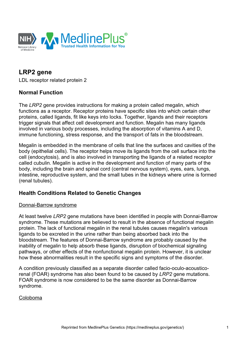 LRP2 Gene LDL Receptor Related Protein 2