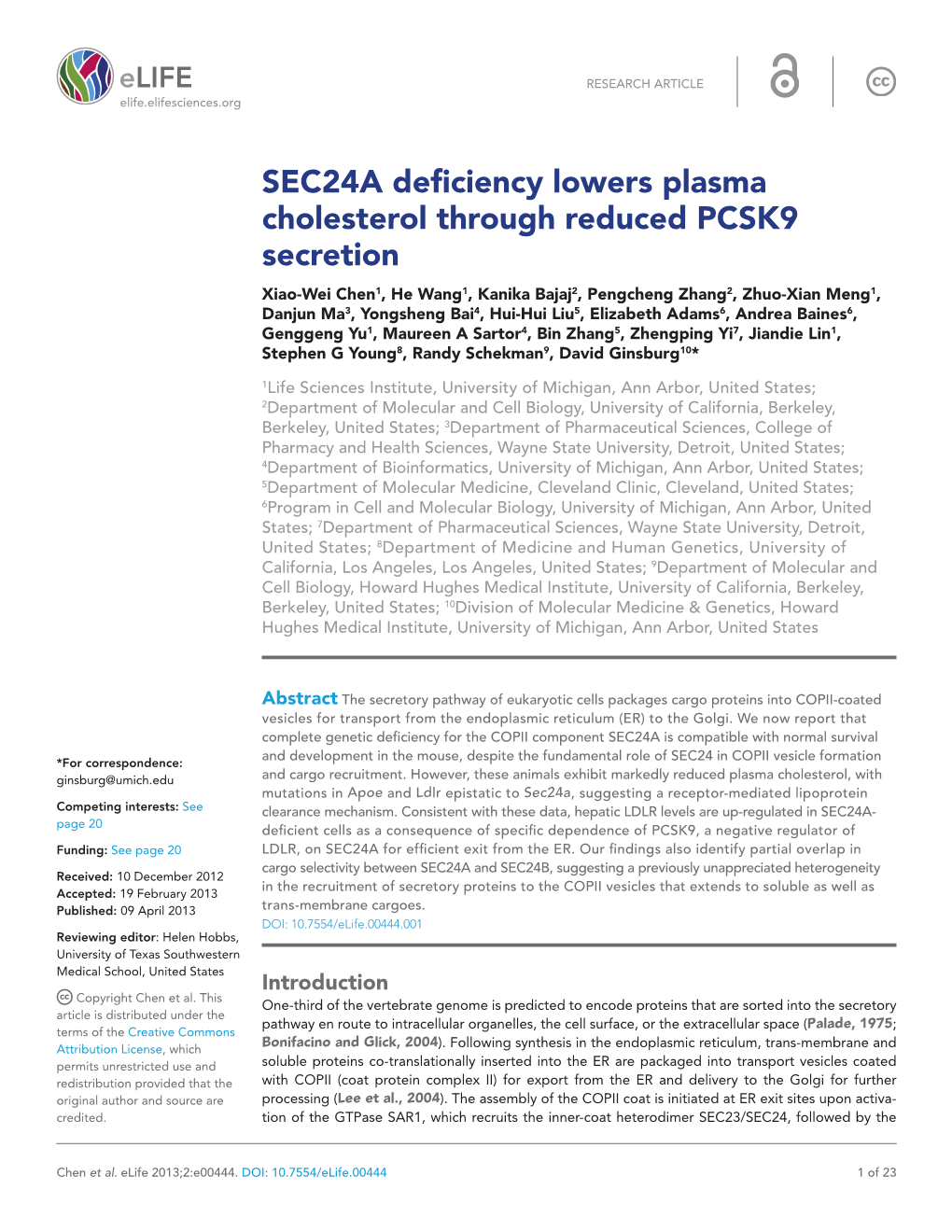 SEC24A Deficiency Lowers Plasma Cholesterol Through Reduced