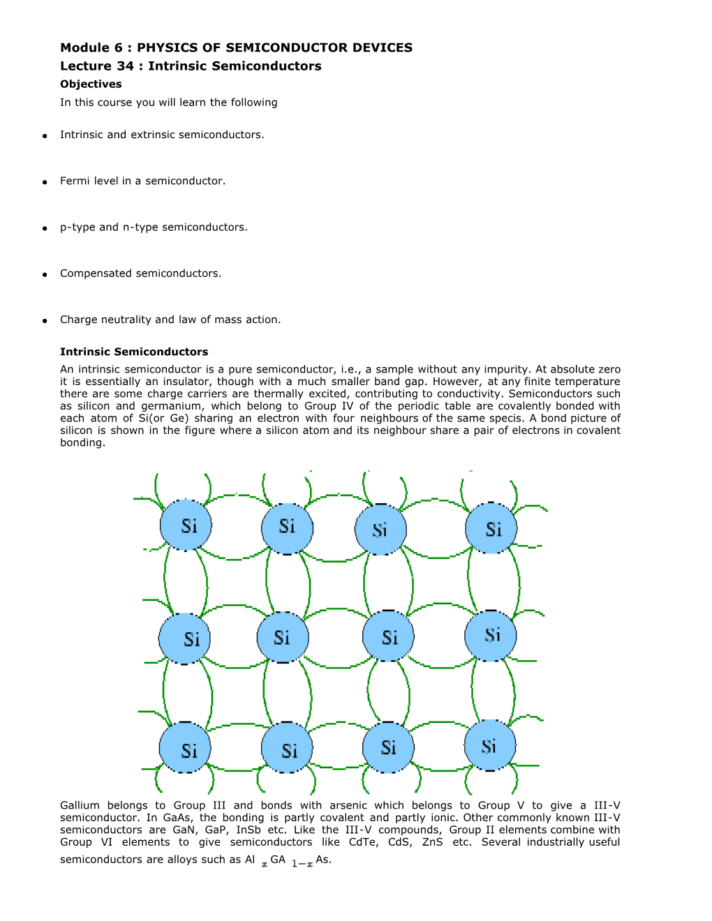 Module 6 : PHYSICS of SEMICONDUCTOR DEVICES Lecture 34 : Intrinsic Semiconductors Objectives in This Course You Will Learn the Following