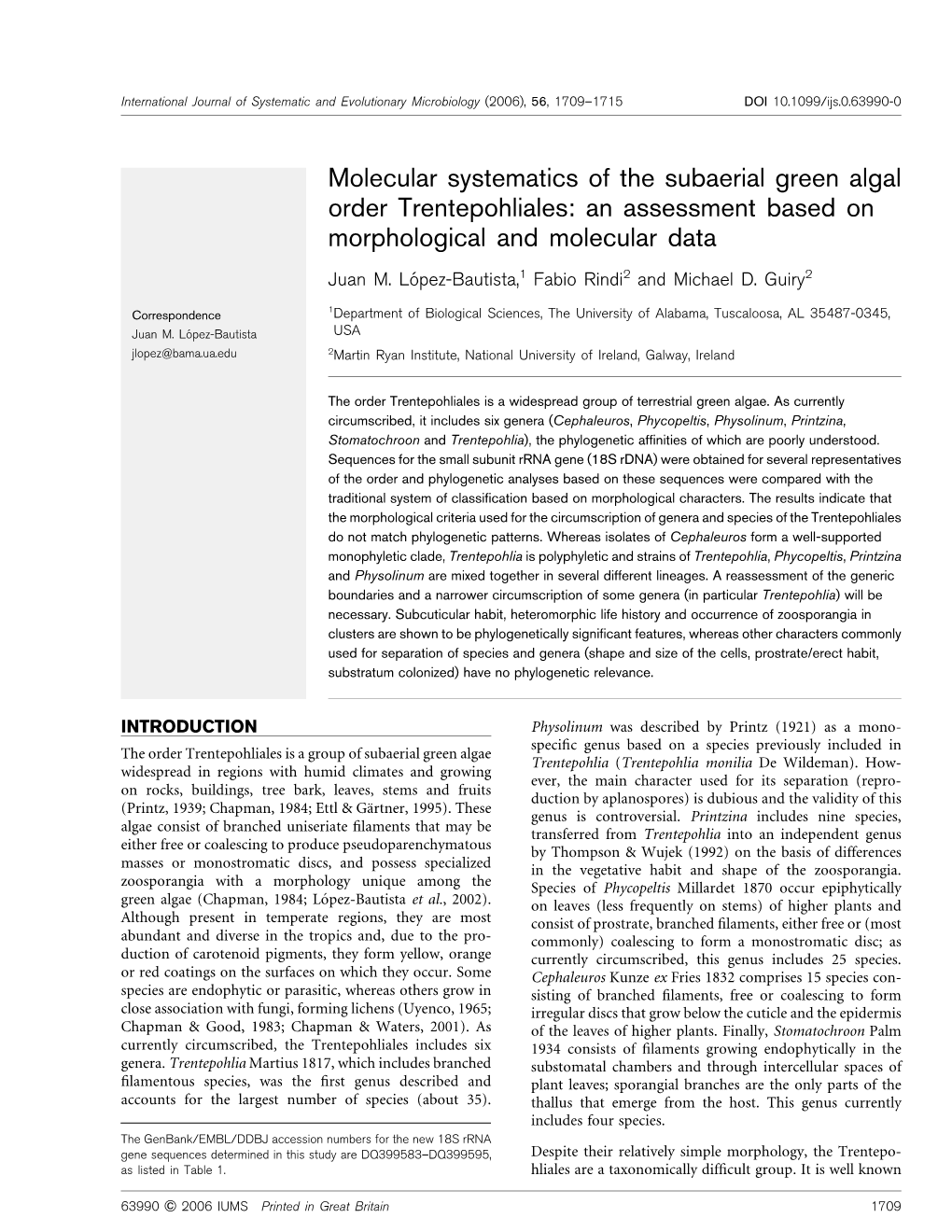 Molecular Systematics of the Subaerial Green Algal Order Trentepohliales: an Assessment Based on Morphological and Molecular Data